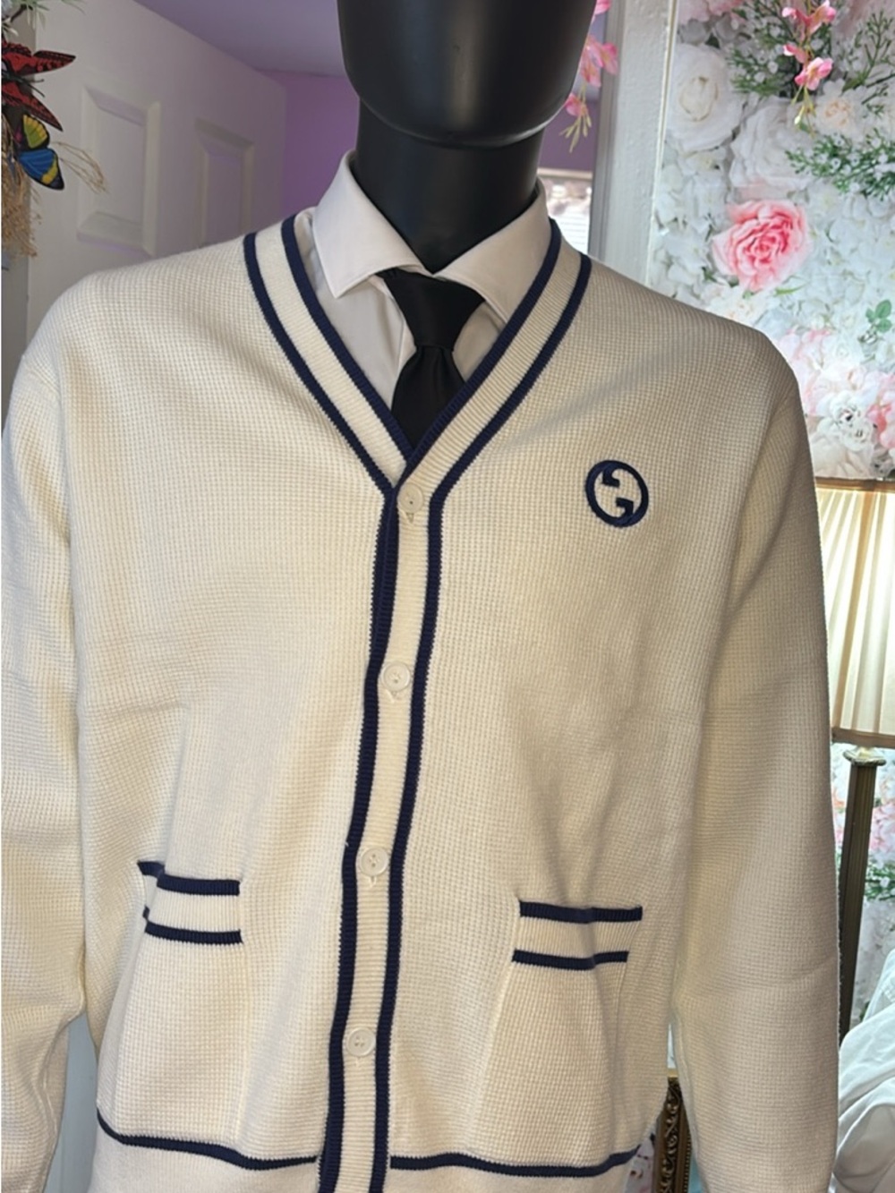 Gucci Cream Knit Cardigan with Navy Trim and Logo
